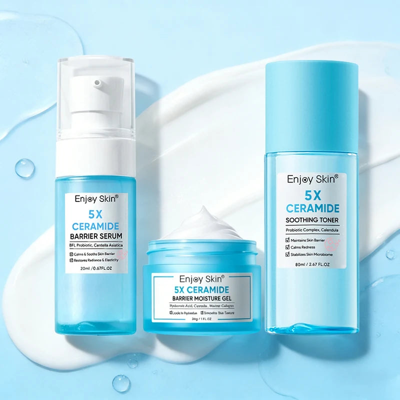 Kit de Cuidados Faciais com Ceramida 5x: Tônico Calmante, Creme Hidratante, Limpador de Baixo pH, Sérum Reparador da Barreira, Gel Hidratante