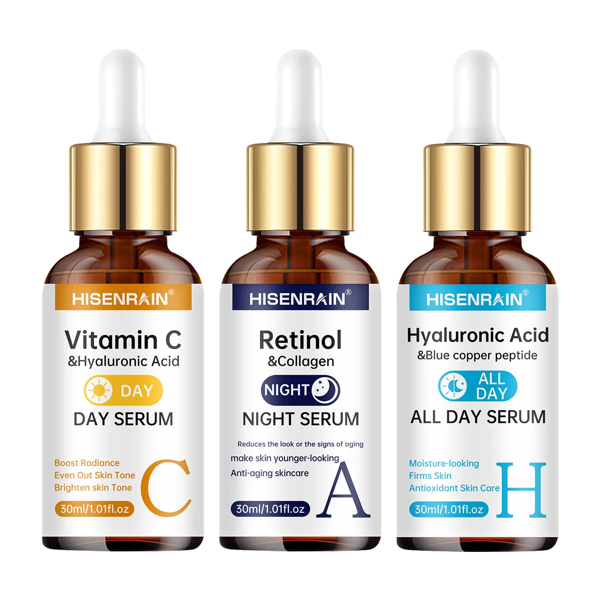 HISENRAIN Vitamina C + Retinol + Sérum de Ácido Hialurônico Duo | Combo Anti-idade, Iluminador e Hidratante | Para Todos os Tipos de Pele.