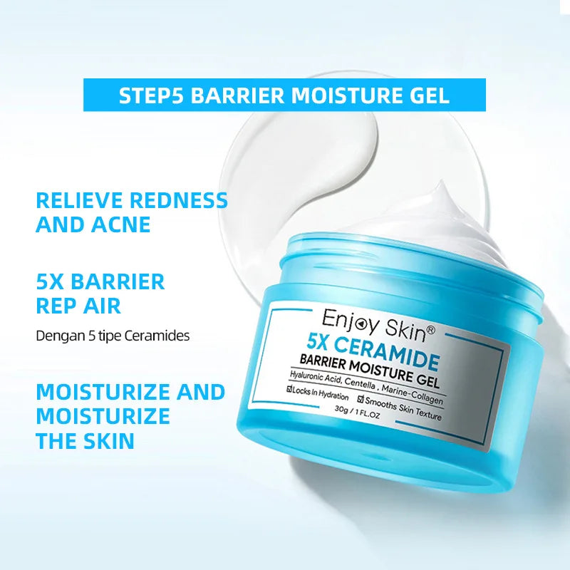 Kit de Cuidados Faciais com Ceramida 5x: Tônico Calmante, Creme Hidratante, Limpador de Baixo pH, Sérum Reparador da Barreira, Gel Hidratante