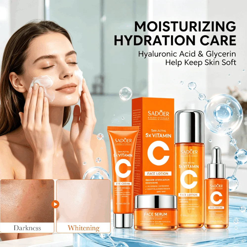 Kit de Cuidados com a Pele Sadoer 5x Vitamina C Limpeza Creme para Olhos Tônico Sérum Niacinamida Clareador Anti-Idade Firmador Conjunto Facial para Mulheres