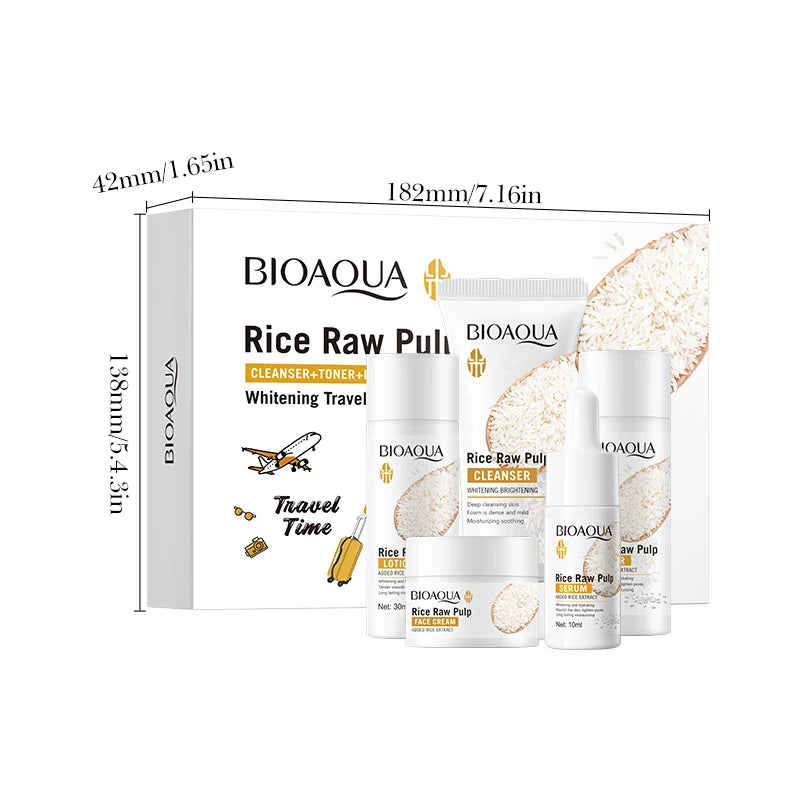 Kit de Cuidados com a Pele com Purê de Arroz Clareador, Iluminador, Hidratante e Calmante: limpador facial + tônico + essência + loção + creme