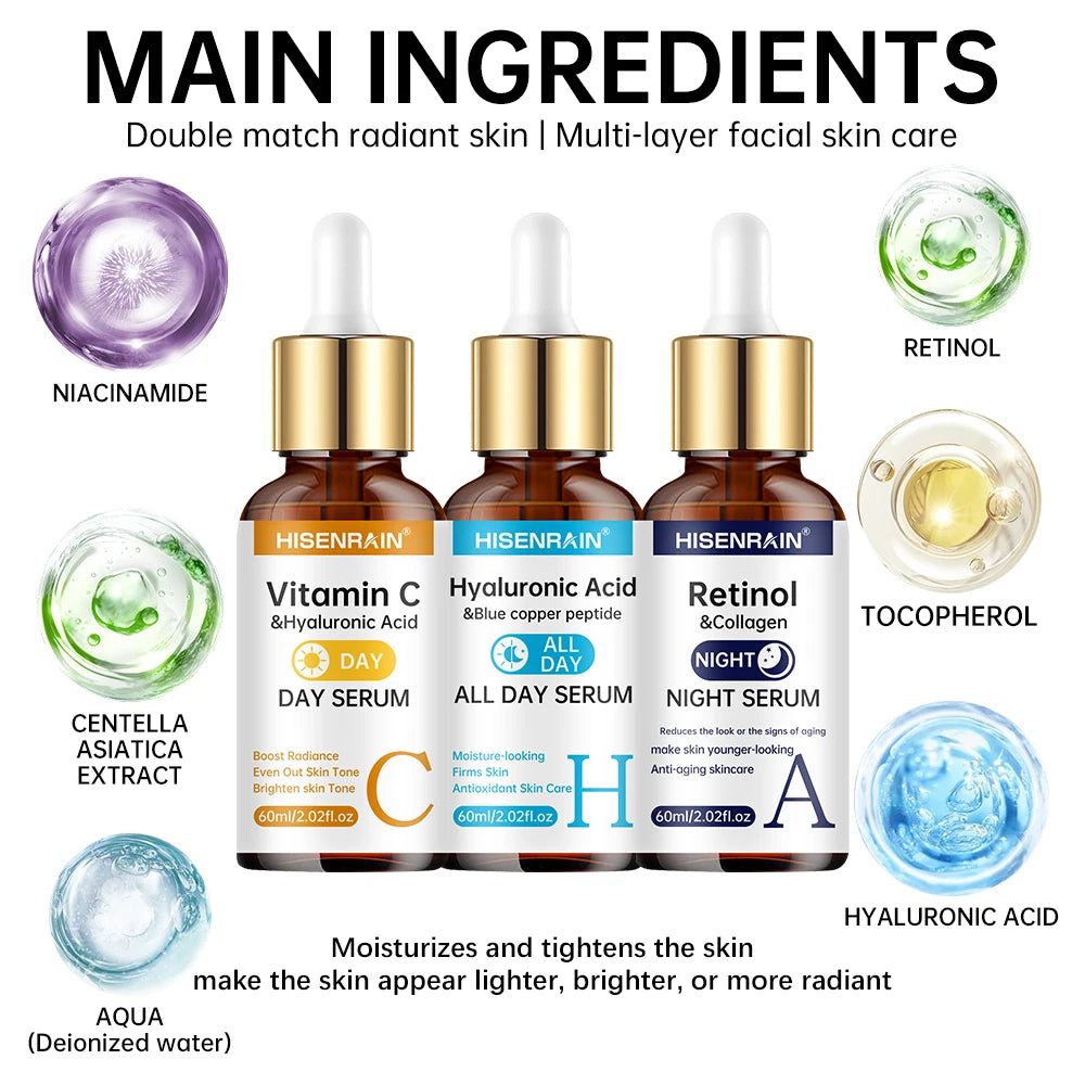 HISENRAIN Vitamina C + Retinol + Sérum de Ácido Hialurônico Duo | Combo Anti-idade, Iluminador e Hidratante | Para Todos os Tipos de Pele.