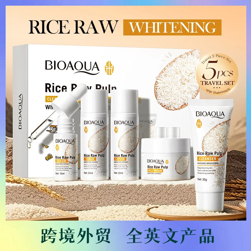 Kit de Cuidados com a Pele com Purê de Arroz Clareador, Iluminador, Hidratante e Calmante: limpador facial + tônico + essência + loção + creme