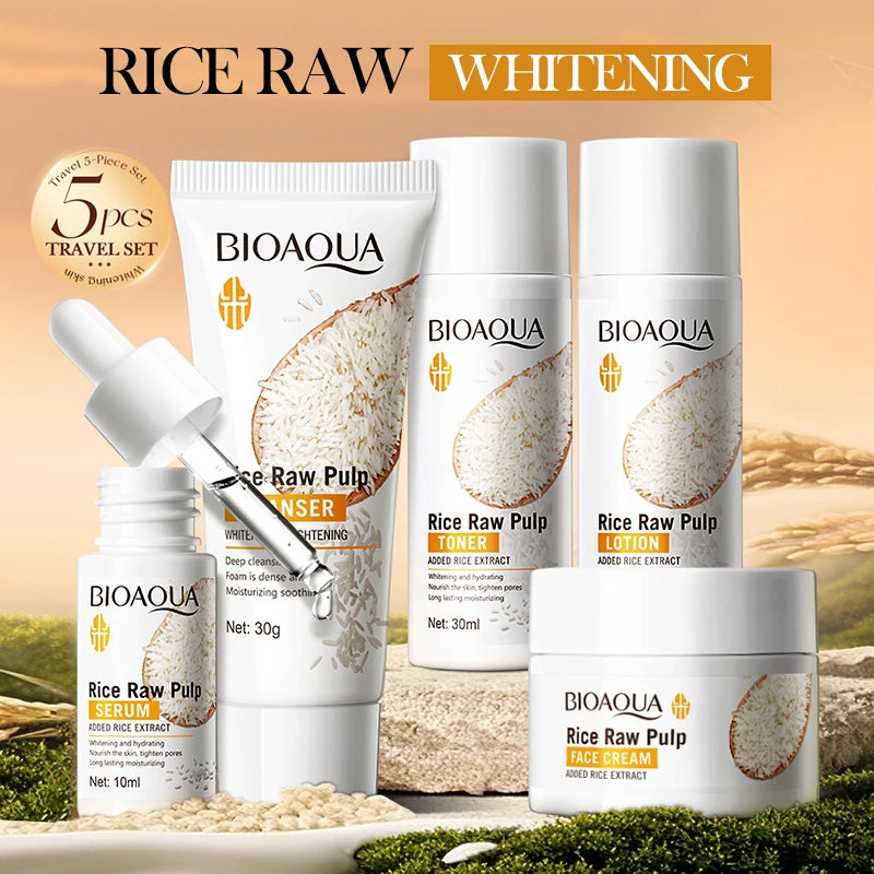 Kit de Cuidados com a Pele com Purê de Arroz Clareador, Iluminador, Hidratante e Calmante: limpador facial + tônico + essência + loção + creme