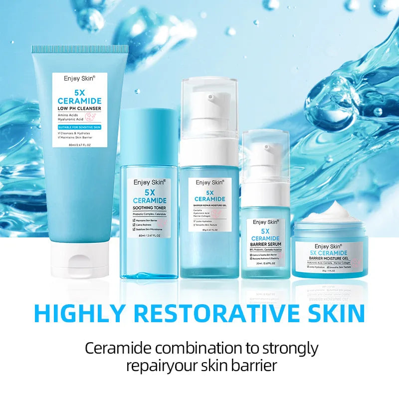 Kit de Cuidados Faciais com Ceramida 5x: Tônico Calmante, Creme Hidratante, Limpador de Baixo pH, Sérum Reparador da Barreira, Gel Hidratante