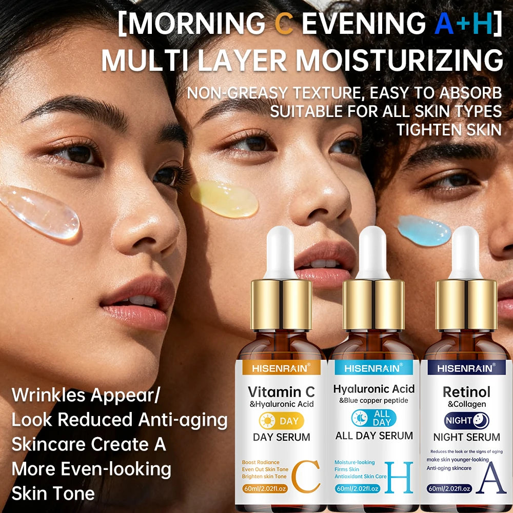 HISENRAIN Vitamina C + Retinol + Sérum de Ácido Hialurônico Duo | Combo Anti-idade, Iluminador e Hidratante | Para Todos os Tipos de Pele.
