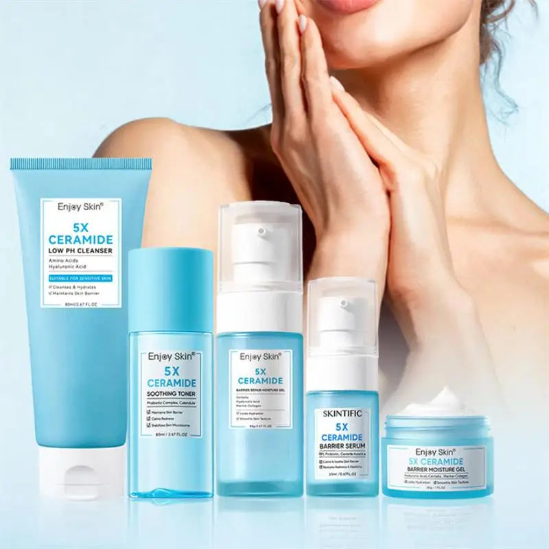 Kit de Cuidados Faciais com Ceramida 5x: Tônico Calmante, Creme Hidratante, Limpador de Baixo pH, Sérum Reparador da Barreira, Gel Hidratante
